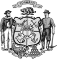 The current coat of arms of Wisconsin, adopted in 1881.