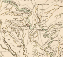 An excerpt from John Collet's 1770 map showing the Roanoke River running Northwest to Southeast, with Halifax depicted as a large settlement on the river at the center of the map.