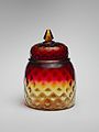 Covered jar, blown Amberina glass, 1883–1888