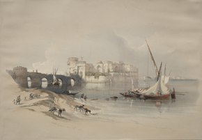 A colored print of a port town and its harbor, with a sailboat idling at sea and dogs walking along the shore
