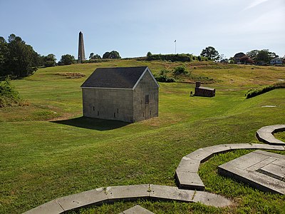 Looking towards the Groton Monument. The 19th century magazine is the foreground, July 2020.