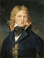 Painting of a man with long blonde hair wearing a black civilian coat.