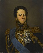Painting shows a clean-shaven man with curly hair and long sideburns. His dark blue military uniform is covered with decorations and gold braid.