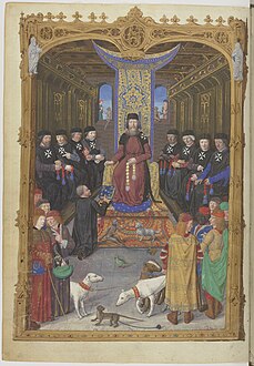 The Grand Master of the Knights Hospitaller at Rhodes under a canopy of estate, on a dais: there is a cushion under his feet.