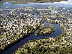 Hønefoss and Storelva river seen from the air