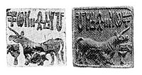 Indus seal found in Kish by S. Langdon. Pre-Sargonid (pre-2250 BCE) stratification.[78][75]