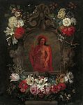 Jan Pieter Brueghel & Nachfolger von Jan Boeckhorst (?): Blumenkartusche mit Personifikation Amerikas, um 1655 (?), Öl auf Kupfer, 87,9 × 69,9 cm, Privatbesitz (?) (Das Bild trägt eine (falsche) Signatur: „J V KESSEL 1671“)