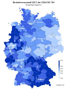 CDU/CSU ﻿13,9 – 25 % ﻿> 25 – 30 % ﻿> 30 – 35 % ﻿> 35 – 40 % ﻿> 40 – 53,1 %