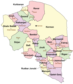 Location of Manujan County in Kerman province (bottom left, yellow)