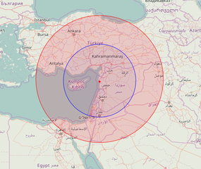 Anti-access/area denial bubble created by Iskander-M and S-400 systems deployed at Russia's Khmeimim airbase. Red – ballistic missile range (700 km). Blue – maximum range of the S-400 system with 40N6 missile (400 km).