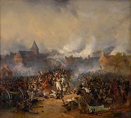 Painting shows French and Prussian soldiers fighting at close range in a village.