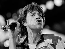 Jagger singing onstage in Feijenoord Stadium, Rotterdam in 1982.