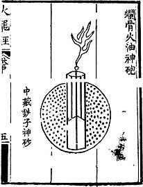 An illustration of a fragmentation bomb known as the 'divine bone dissolving fire oil bomb' (lan gu huo you shen pao) from the Huolongjing. The black dots represent iron pellets.