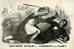 Political cartoon depicting Brooks violently attacking Sumner surrounded by bystanders