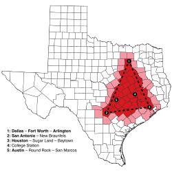 The cities and counties in or near the Texas Triangle, a megaregion of the U.S. state of Texas: City names in bold in the map legend are in the top 10 most populous Texas cities.
