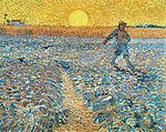 The Sower, (1888), Kröller-Müller Museum. In Saint Rémy Van Gogh painted interpretations of Millet's paintings, like The Sower as well as his own earlier work. Vincent was an admirer of Millet and he compares a painter's making copies to a musician's interpreting Beethoven.[23][24]