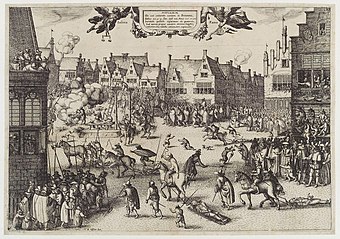 A monochrome illustration of a busy urban scene. Medieval buildings surround an open space, in which several men are being dragged by horses. One man hangs from a scaffold. A corpse is being hacked into pieces. Another man is feeding a large cauldron with a dismembered leg. Thousands of people line the streets and look from windows. Children and dogs run freely. Soldiers keep them back.