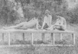 An Eakins photograph from 1883, discovered in 1973. "The scene with the three men on a platform may show the setting up of a pose—possibly for the reclining figure in The Swimming Hole."[28]