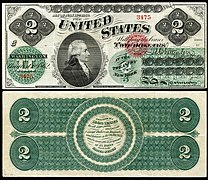 Obverse and reverse of a two-dollar greenback