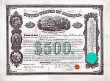 Hypothekenanleihe über 500 $, ausgegeben von Antonio López de Santa Anna am 28. Juni 1866 während seines Exils in New York und eigenhändig von ihm unterschrieben. Auf der Anleihe sind seine Paläste und Ländereien abgebildet, die als Sicherheit verpfändet wurden. Santa Anna wollte mit dieser Anleihe im Gesamtbetrag von 750.000 $ seine Rückkehr nach Mexiko finanzieren.