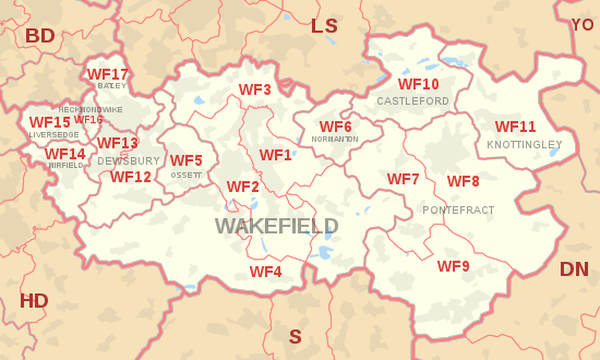 WF postcode area map, showing postcode districts, post towns and neighbouring postcode areas.