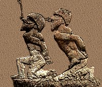 Prisoners of Anubanini, brought by Goddess Ishtar (detail). They are naked, their hands bound, and held by a ring through the nose.[11][1]