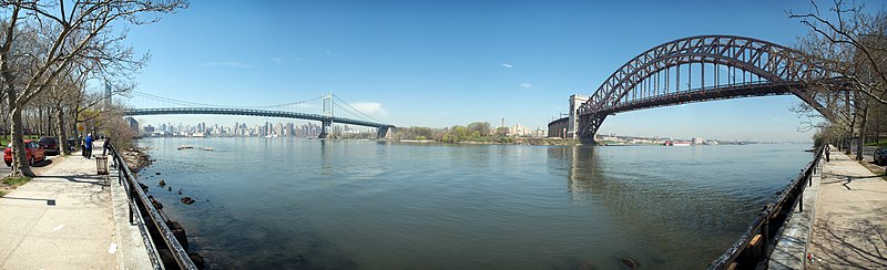 A panorama from Astoria Park's waterfront, facing the East River, with the Triborough Bridge on the left and Hell Gate Bridge on the right