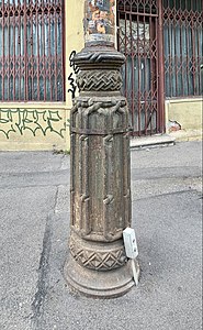 Base of a Romanian Revival lighting pole at the intersection of Streets Popa Tatu and Mircea Vulcănescu, Bucharest, unknown architect, c.1900