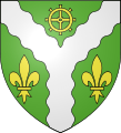 Arms of the town of Saint-Wandrille-Rançon: Vert, a pall wavy Argent accompanied in chief by one mill wheel Or and flanked by two fleurs-de-lys of the same.