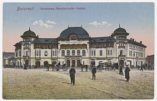 Romanian Revival - Building of the Public Officials Association in the Victory Square, Bucharest, 1900-destroyed by WW2 bombardments in 1944, by Nicolae Mihăescu[44]