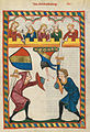 Illustration of combat with sword and buckler, Codex Manesse (Von Scharpfenberg, fol. 204r), c. 1305–1315.