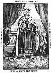 Jackson dressed as king with robe and crown, veto in hand and stepping on the Constitution