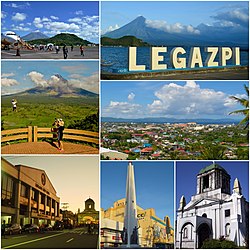 Clockwise from top right: JCI Legazpi Tourism Marker, View from The Oriental Legazpi, Cathedral of St. Gregory the Great, Battle of Legazpi Monument, Legazpi City Hall, Zip-line at Ligñon Hill, Old Legazpi Airport