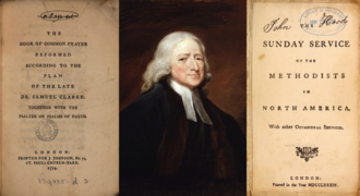 A painted portrait of John Wesley between the title pages of Lindsey's 1774 prayer book and Wesley's 1784 Sunday Service