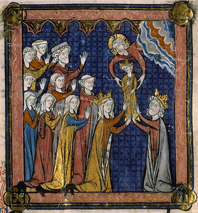 The birth of King Philip-Augustus (1275–1280) (Grandes Chroniques de France, Bibliothèque Sainte-Geneviève, Ms. 782, folio 280)