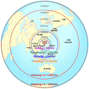 Estimated range of North Korean missiles as of 2015