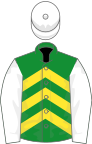 Green, yellow chevrons, white sleeves and cap