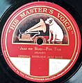 Label der britischen Marke "His Master's Voice", zeitgenössische Lizenzpressung einer amerikanischen Originalaufnahme aus den frühen 1920er Jahren der "Original Dixieland Jazz Band", frühe Jazzplatte