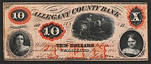 A 10-dollar note inscribed "THE ALLEGANY COUNTY BANK Will pay TEN DOLLARS to the bearer on demand. Cumberland." The note has illustrations of a young woman, a girl, and three men on a boat.