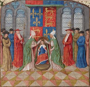 Henry VI of England's coronation in Notre-Dame as King of France, aged ten, during the Hundred Years' War. His accession to the throne was in accordance with the Treaty of Troyes of 1420.