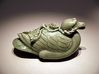 Goryeo Celadon exhibited at National Museum of Korea. This is water kettle for calligraphy from the 12th century AD.