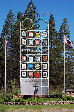 Monument from the 1960 Winter Olympics at the entrance to Olympic Valley in 2011