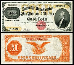 $1,000 Gold certificate (1882) depicting Alexander Hamilton, signed by Lyons and Treat.