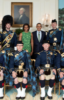 US Air Force Reserve Pipe Band in highland dress (reservist "2001" tartan) with President Barack Obama in the White House Diplomatic Reception Room