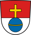 Stadt Schwabmünchen In von Rot und Silber geteiltem Schild ein Gemarkungszeichen in Form eines blauen Reichsapfels (mit goldenem Kreuz und einer blauen Kugel mit goldenem Reif).