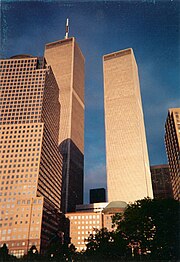 The twin towers of the former World Trade Center, New York's tallest buildings, 1972 to 2001.