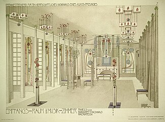 Gesamtkunstwerk (literally 'total artwork'), which refers to everything being designed to fit together, from carpets to wallpaper, and from room compartmentation to light fixtures – Design for a house of an art lover, by Charles Rennie Mackintosh and Margaret Macdonald Mackintosh (1901)