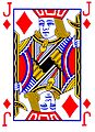 A playing card featuring the jack of diamonds has a clearly discernible front (shown) and back (not shown), but because the card is horizontally reversible, the top and bottom are provisional.