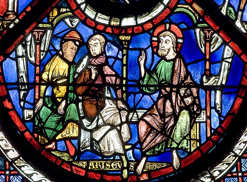 Scene from the Good Samaritan window; Christ tells the Good Samaritan parable to the Pharisees