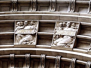 Detail of two of Alfred Drury's relief panels above the main portal. The full inscription is taken from Joshua Reynolds's Discourses: "The excellence of every art must consist in the complete accomplishment of its purpose".